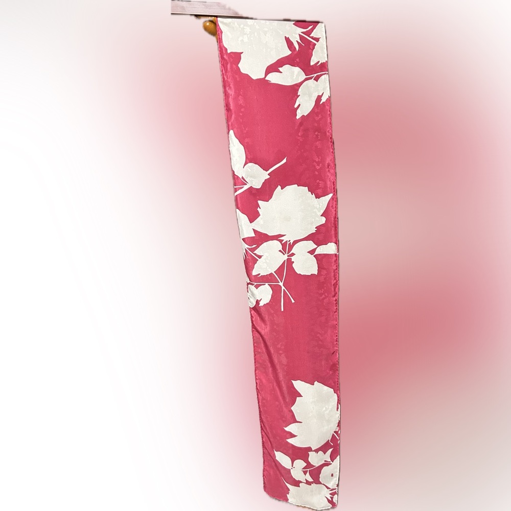 Gorgeous Vintage 100% Silk Scarf Bright Pink w White Roses & Shimmering Pattern!
